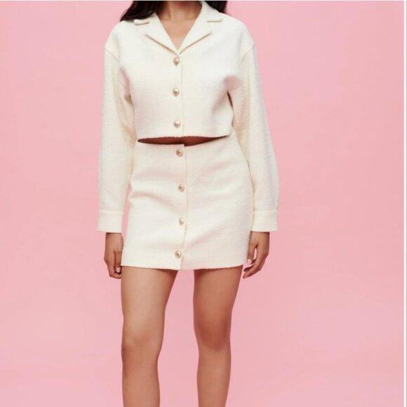 Maje Textured Twwed Open Front Mini Dress Ecru Cream Gold Buttons NWT 42 $535 - Picture 3 of 8